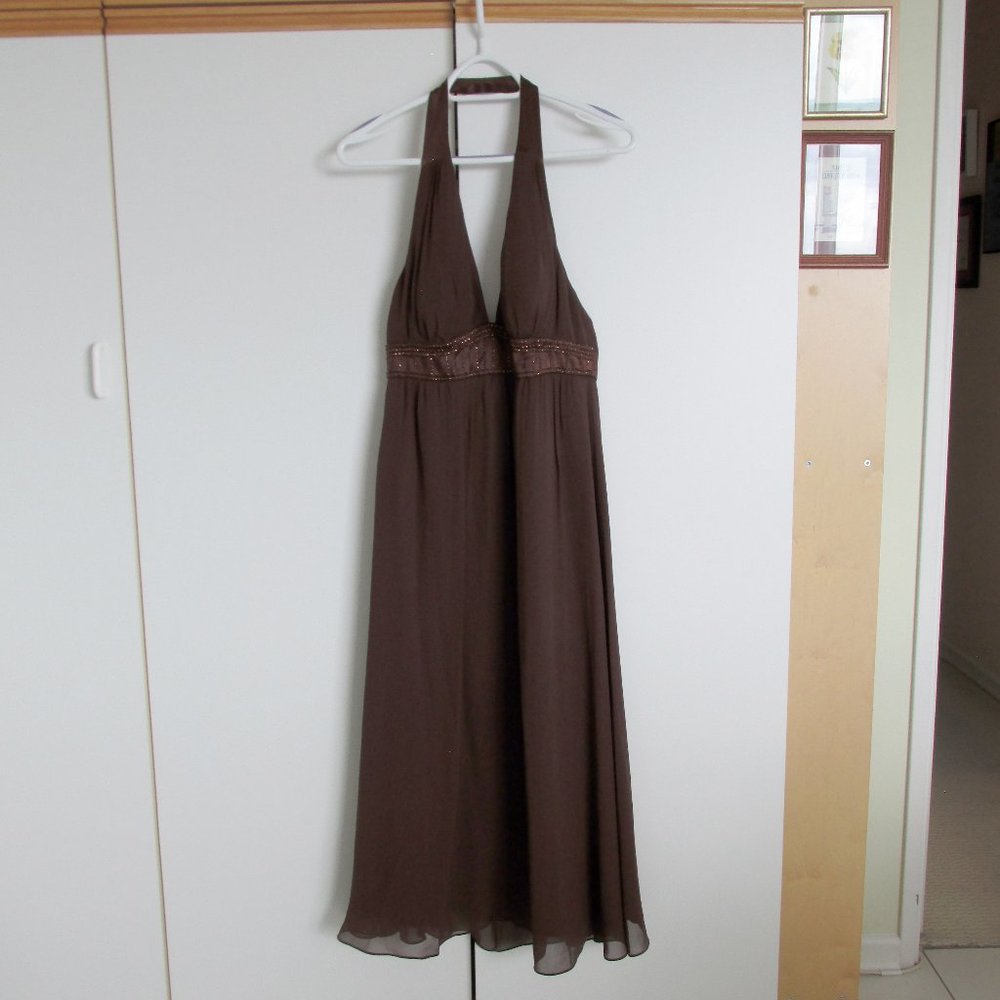 Max&Cleo Mahogany Brown Silk Chiffon Halter Dress NYE Size 10